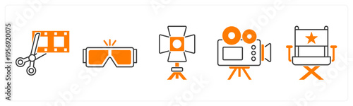 A set of 5 mix icons as movie editing, 3d glasses, spotlight
