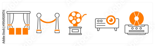 A set of 5 mix icons as cinema hall, barrier gate, film award