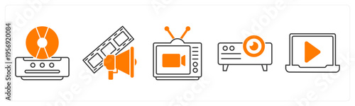 A set of 5 mix icons as cd player, film advertisement, television
