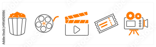A set of 5 mix icons as popcorn, movie reel, clapper board