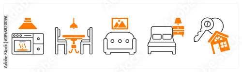 A set of 5 mix icons as microwave, dining table, sofa