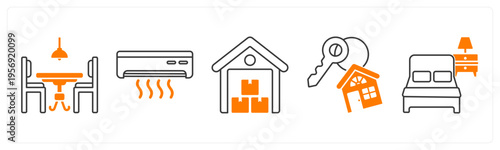 A set of 5 mix icons as dining table, air conditioner, warehouse