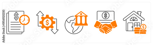 A set of 5 mix icons as transaction history, money management, global banking