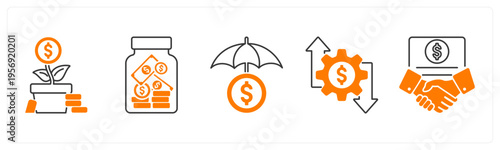 A set of 5 mix icons as money plant, saving, money insurance