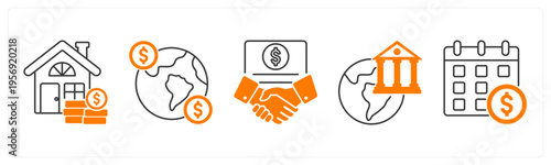 A set of 5 mix icons as home loan, global money, financial partnership