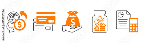 A set of 5 mix icons as currency exchange, credit card, loan