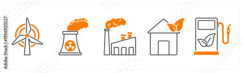 A set of 5 mix icons as windmill, factory pollution, eco house