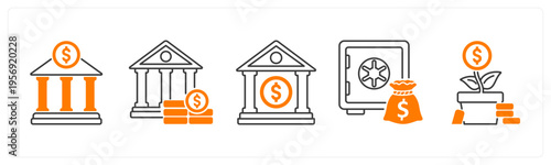 A set of 5 mix icons as financial institution, bank, locker