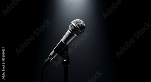 Dynamic stage microphone on dark background with dramatic spotlight and shallow depth of field, capturing an intense live concert atmosphere.
