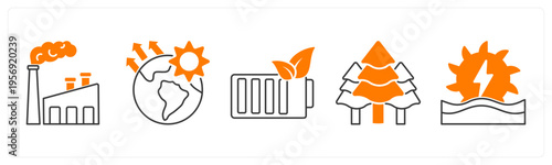 A set of 5 mix icons as factory pollution, global warming, eco battery