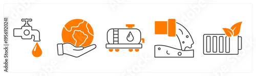A set of 5 mix icons as save water, save earth, fuel pump