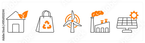 A set of 5 mix icons as eco house, recycle bag, windmill