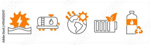 A set of 5 mix icons as hydro power, fuel pump, global warming