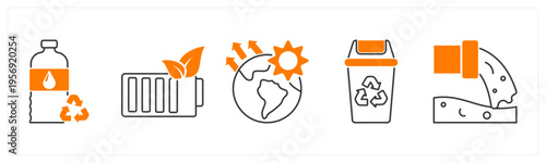 A set of 5 mix icons as recycle bottle, eco battery, global warming