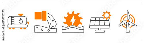 A set of 5 mix icons as fuel pump, gutter, hydro power