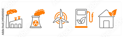 A set of 5 mix icons as factory pollution, windmill, eco fuel