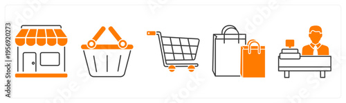 A set of 5 mix icons as store, shopping basket, shopping cart