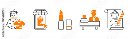 A set of 5 mix icons as clothes, mobile shopping, lisptick