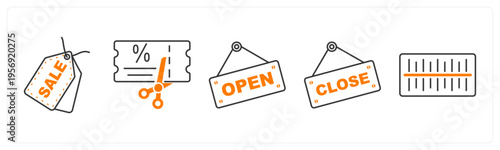 A set of 5 mix icons as sale tag, coupon, open board