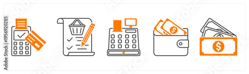 A set of 5 mix icons as card swipe machine, item list, billing machine