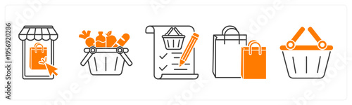 A set of 5 mix icons as mobile shopping, grocery, item list