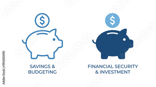Two piggy bank icons labeled “Savings & Budgeting” and “Financial Security & Investment,” clean vector transparent financial illustration, modern economic design style.
