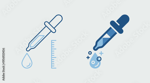 Two droppers releasing droplets, one with measurement scale and one with sparkles, symbolizing precision versus creative scientific applications.