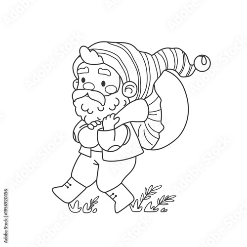 Tiny fairytale gnome carries a huge mushroom. Dwarf coloring page to print. Black outline, vector illustration