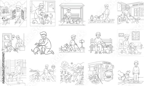A set of vector of A cute dog is helping with a blind man in various scenarios.