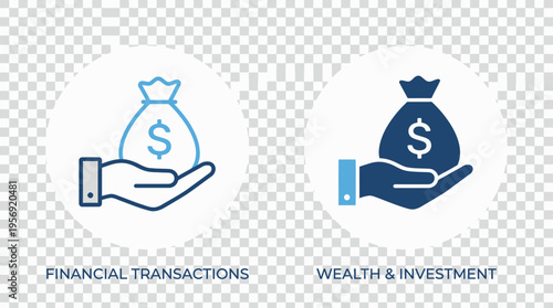 Two hands holding money bags with dollar signs, financial support icons, banking and savings, economic aid, clean vector transparent design.