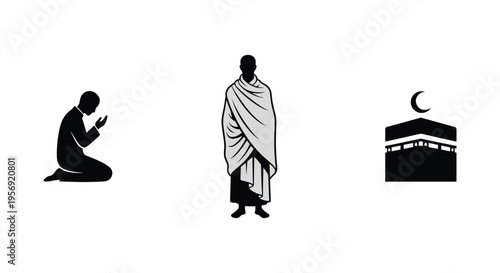 This vector illustration set depicts key elements of the. Hajj pilgrimage, including a pilgrim in prayer, a man in traditional Ihram clothing, and the Kaaba with a crescent moon