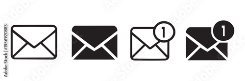 Set of four black and white envelope icons with notifications