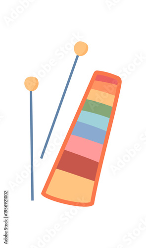 Colorful child toy in flat cartoon graphic style. Cute music game tool as playful kid character and simple sticker for children. Soft pastel bands show play and share spirit support warm gift or