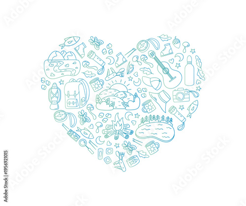 Heart shape nature adventure camping and hiking sketched in line style. Outdoor camp and mountain doodle design create graphic symbol. Blue green accent, travel trekking concept art.