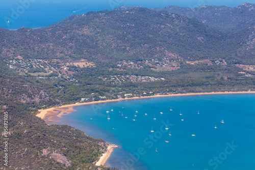 Horseshoe Bay aerial view of beach, boats and coastline on Magnetic Island