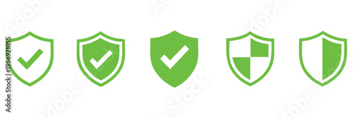 Collection of green shield icons with checkmarks on for security and protection concepts