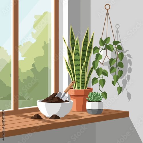 Houseplants on windowsill: Snake plant, succulent, hanging pothos, soil, and trowel