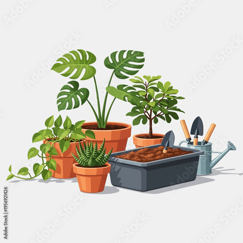 Gardening supplies and potted plants, ready for planting and care