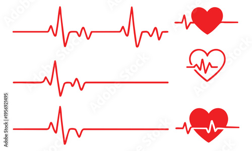 Collection of red heart rate and electrocardiogram line icons on for medical and healthcare concepts