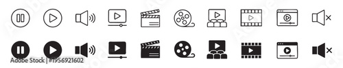 Collection of black video and audio icons of cinema and film on a pure for multimedia concepts vector illustration.
