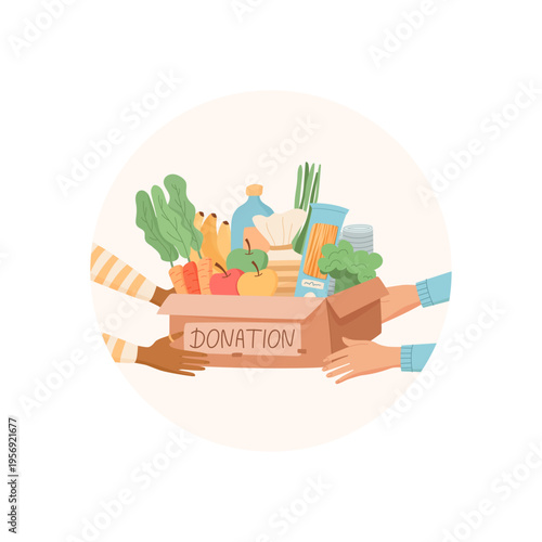 Circle sticker shows food support donate box. Hands give charity gift as care for needy community. Color flat icon uses fresh vegetable, fruit and goods for help as concept welfare and humanitarian