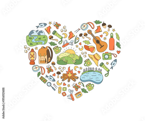 Adventure heart shape doodle art with mountain and color elements. Concept of travel and expedition in nature. Camp hiking graphic style, colorful summer theme.