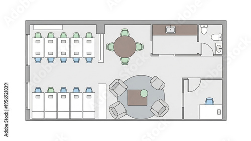 Modern Office Floor Plan with Meeting Rooms and Common Area