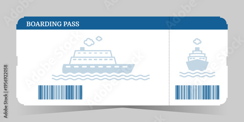 Boarding pass ticket template with barcode and cruise ship icon. Sea travel boarding pass design for summer vacation and marine tourism. Vector illustration