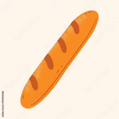 French baguette with crispy golden crust and diagonal scoring. Hand drawn vector illustration for bakery branding, food packaging, cafe menu.