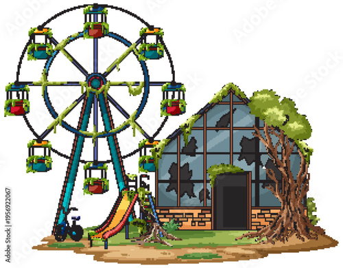 Abandoned Ferris Wheel Beside Overgrown Broken Greenhouse Building