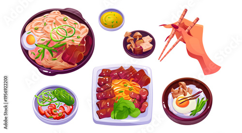Asian noodle dishes set with ramen, bibimbap, vegetables and chopsticks hand, colorful food vector illustration