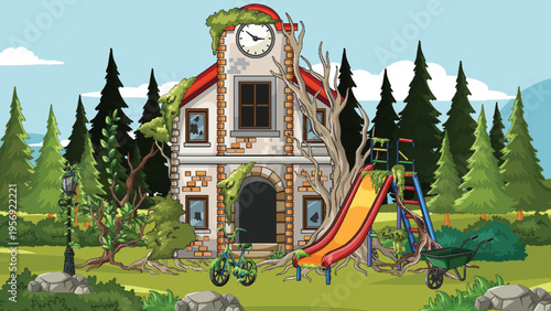 Abandoned Playground and Overgrown Schoolhouse in Forest Clearing