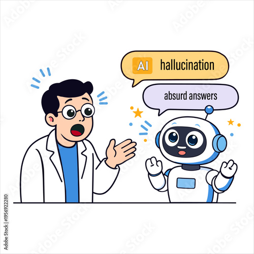 Scientist reacting to absurd answers from an AI robot illustrating AI hallucination concept. Flat vector design for artificial intelligence, chatbot errors, and technology topics.