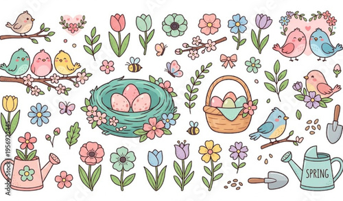 Photography Kawaii Spring Bird and Floral Decoration Set Hand Drawn Vector Illustration